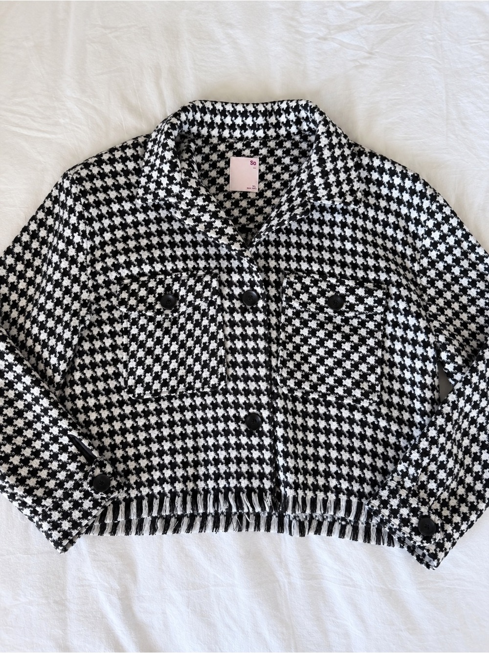 SO Houndstooth Cropped Tweed Fringe Shacket Black White Fall Mod Jacket XL
